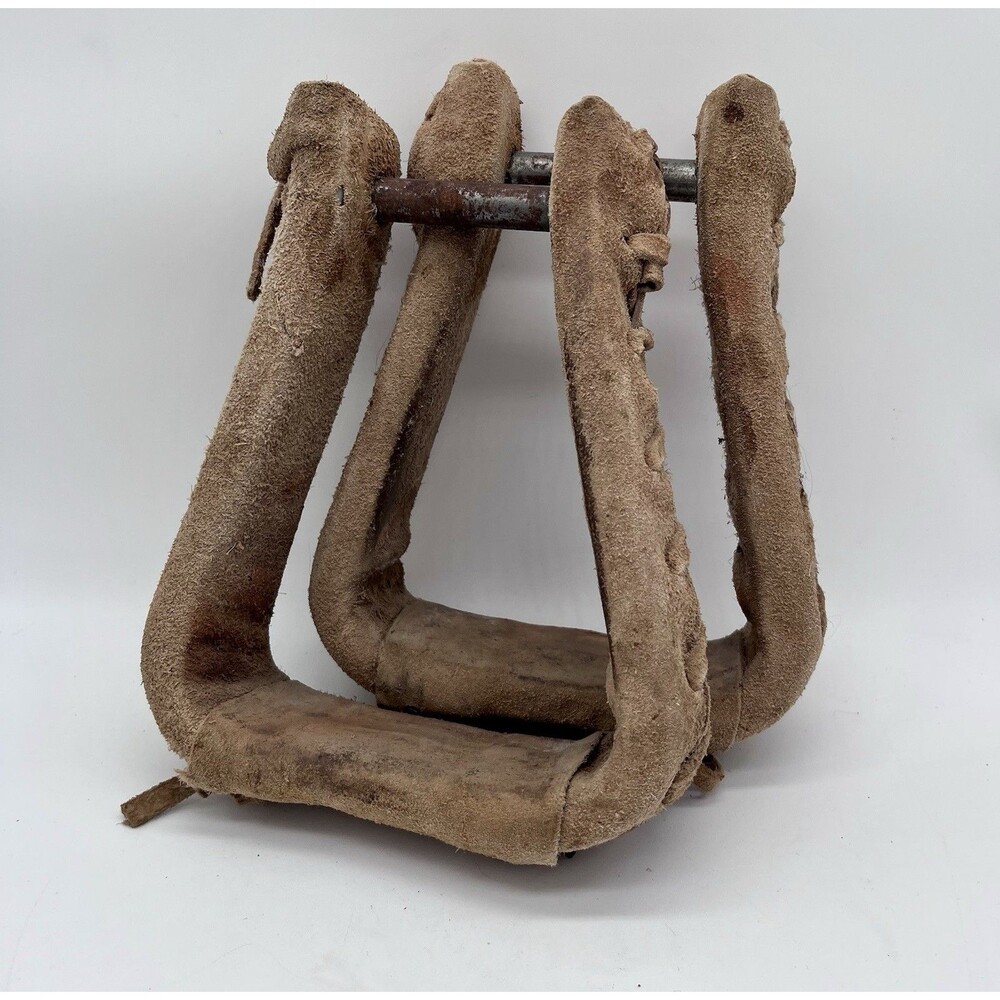 Vintage Leather Laced Horse Saddle Stirrups Pair Western Cowboy Decor